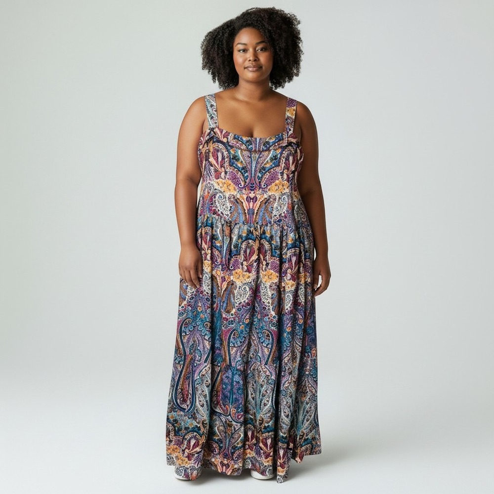 Dex Plus Womens 1X Maxi Dress Crown Flower Paisley Smocked Back Ruffle 2072500